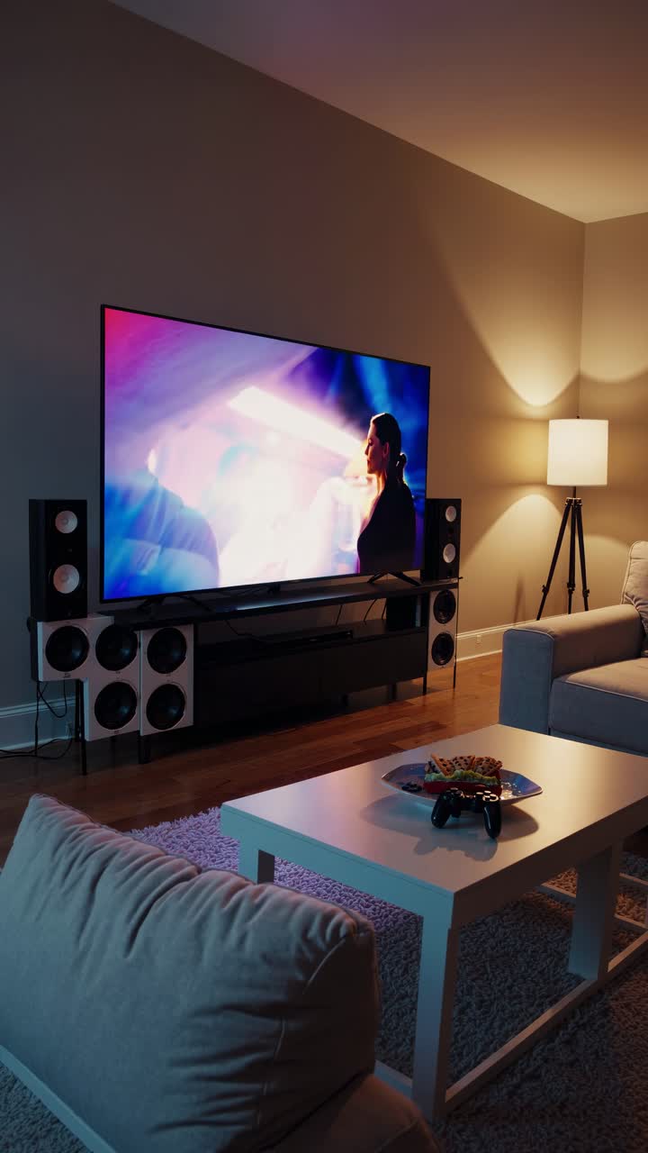 Accogliente salotto con un allestimento moderno, con un grande televisore che riproduce un vivace video.