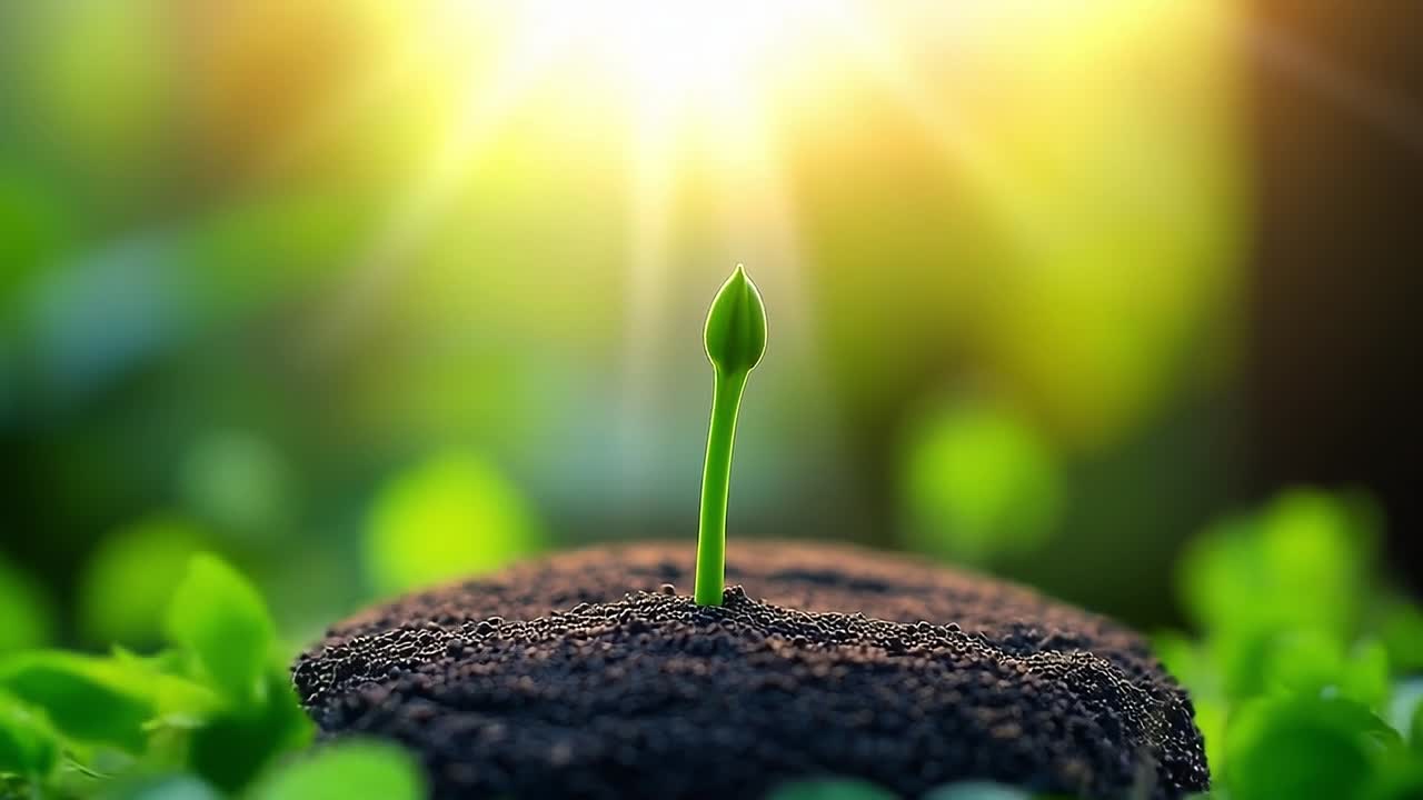 New plant sprouting in sunlight. A vibrant green shoot emerges from dark soil, surrounded by lush greenery, illuminated by golden sunlight.