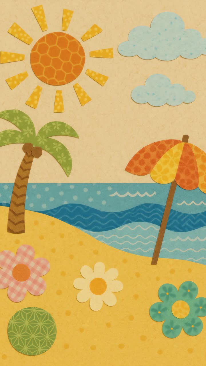 Colorful beach scene in paper-cut style, featuring sun, sea, and umbrella