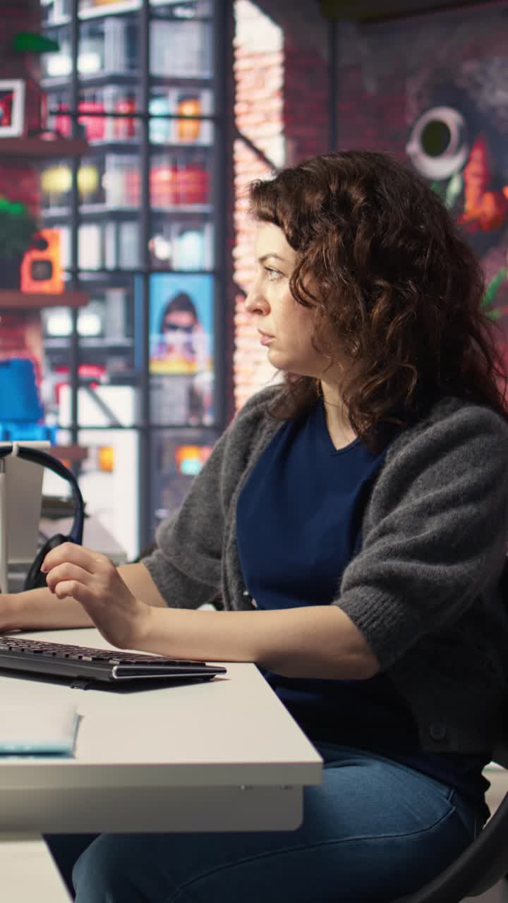 Vertical Video Female programmer developing app and software algorithm on pc