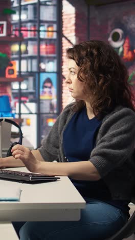 vertical video female programmer developing app and software algorithm on pc