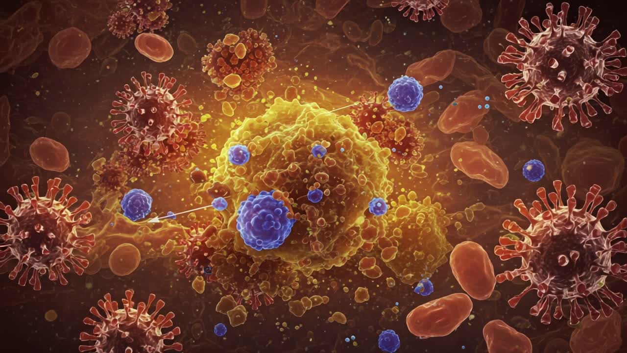 Una visione microscopica dell'interazione cellulare: cellule immunitarie che prendono di mira i virus con precisione e complessità in un ambiente dinamico