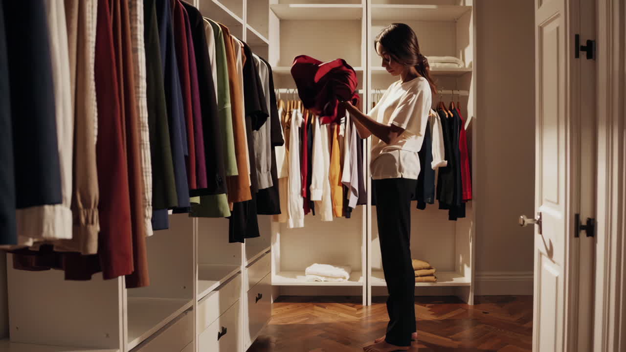 Woman Choosing Clothes in a Stylish Closet