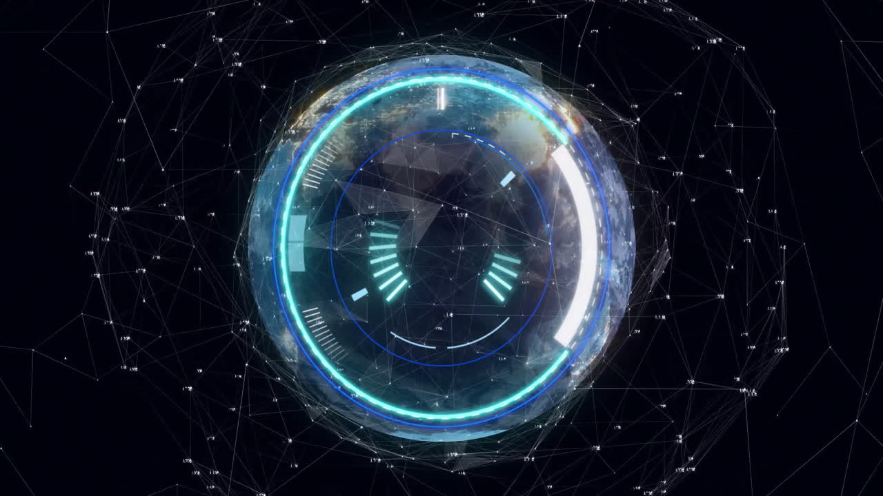 Rotating digital globe and network connections animation over dark background