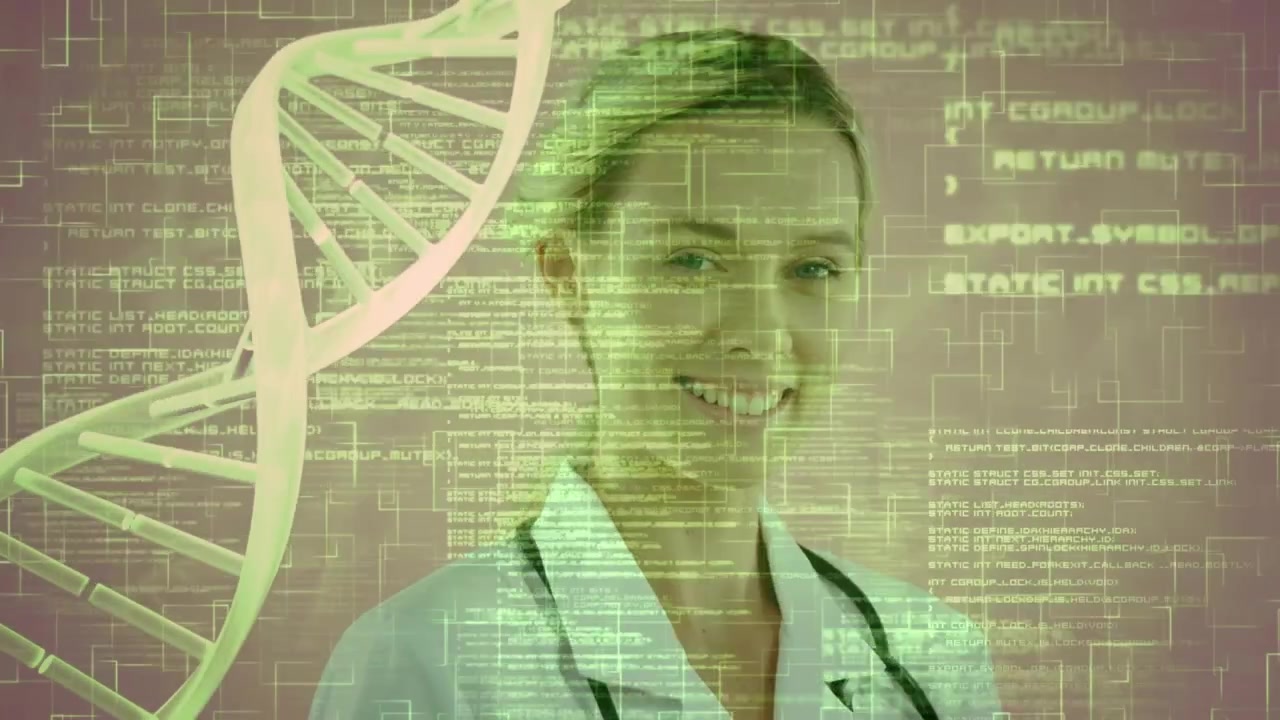 Animation loop of programming code and dna helix against smiling caucasian doctor using digital pc