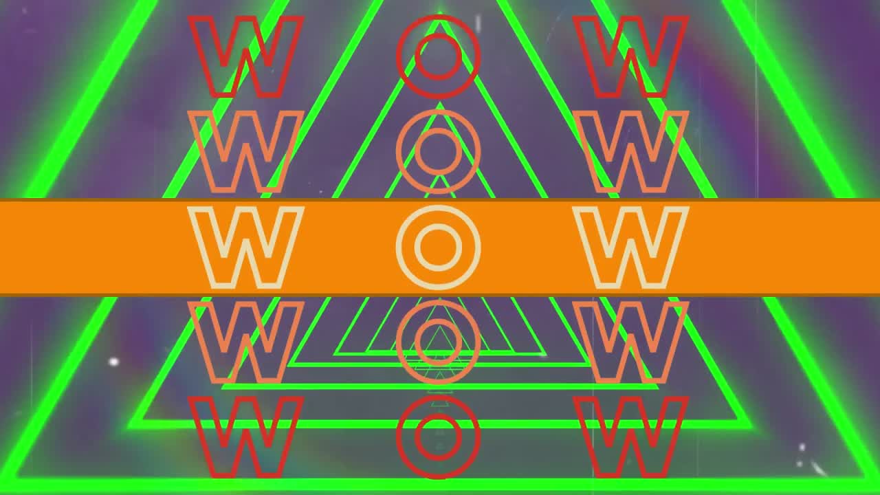 다채로운 패턴을 가진 배경 위에 와우 텍스트의 애니메이션