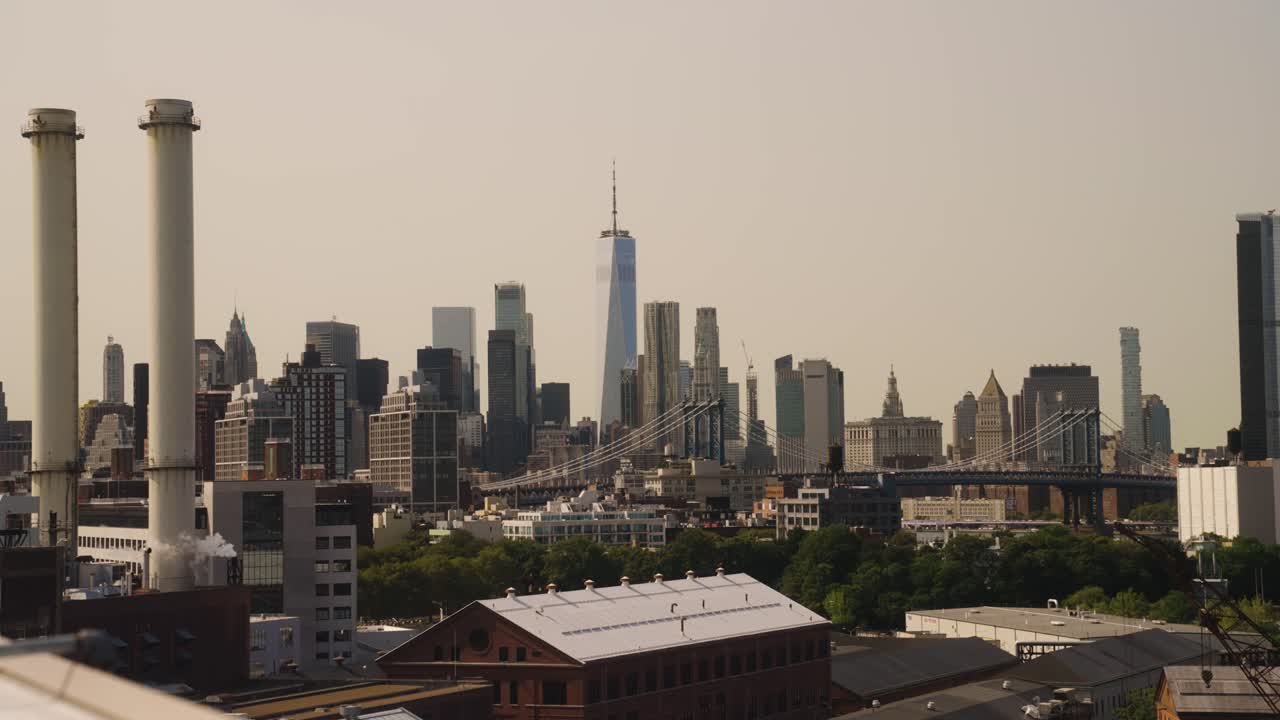 Panorama view of Skyline of New York with Skyscraper Buildings during sunset time - One World Trade Center with antenna
