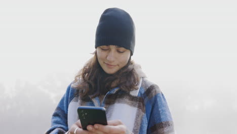 Woman,-smartphone-and-chat-outdoor