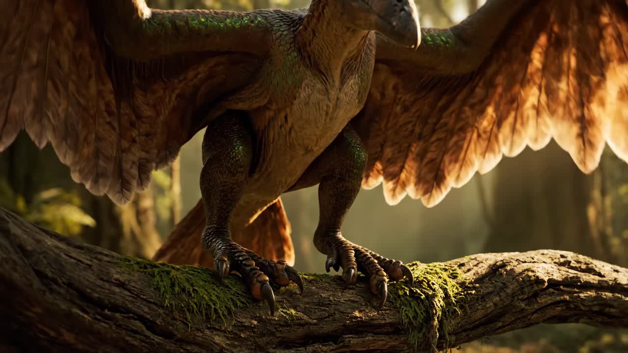 Bird with Feathers and Claws on a Mossy Branch