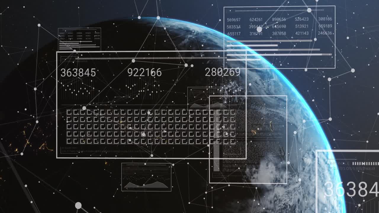animación de gráficos, números cambiantes, cuadrados de carga y puntos conectados en el globo