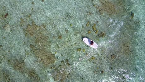 Yang-Man-Remando-En-Canoa-Sobre-Un-Hermoso-Fondo-Marino-Con-Textura-Marrón-De-Arrecifes-De-Coral-Y-Pequeñas-Rocas-En-La-Costa-De-Hawaii