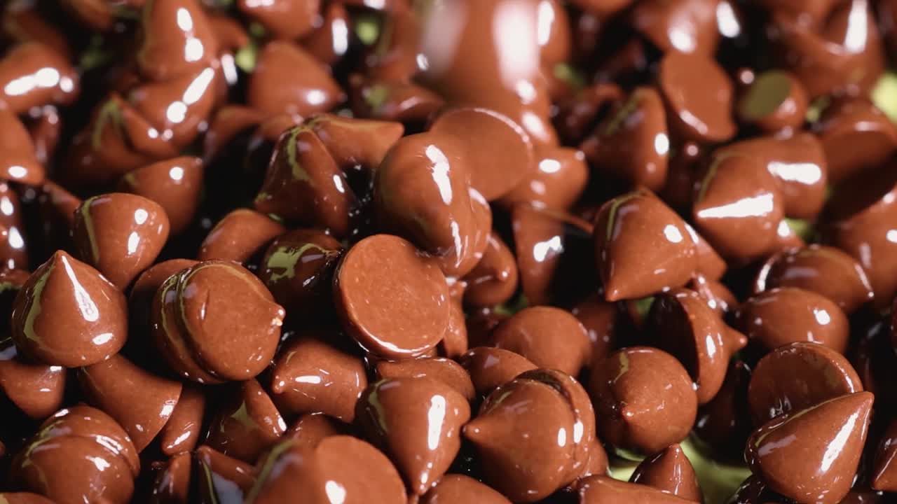 A detailed view of shiny chocolate chips clustered together, highlighting their smooth texture and rich color.