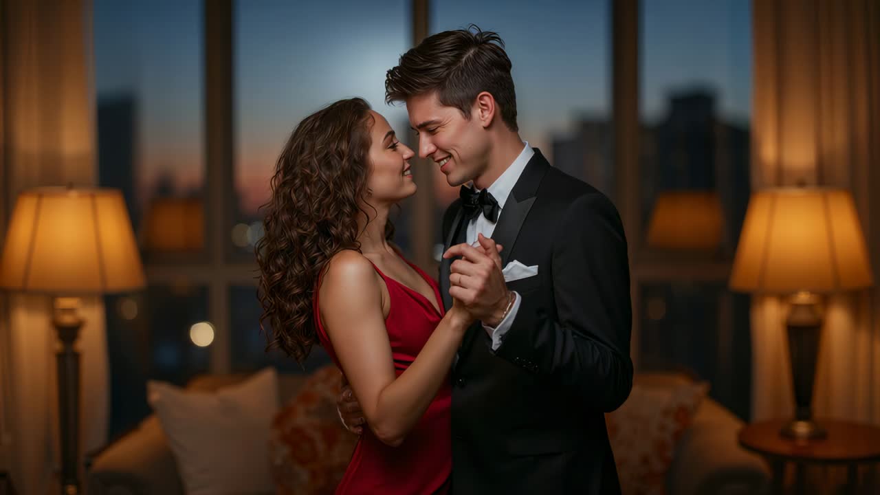 Uomo in smoking e donna in abito rosso si tengono per mano e si guardano, mentre si avvicinano in un salotto, con uno skyline urbano sullo sfondo