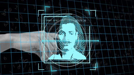 animation of data processing with people portraits over hand and fingerprint on black background