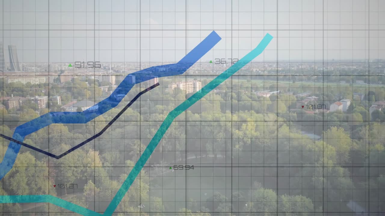 Blue line appearing left edge starting chart overlay moving up and right, visualizing market trends