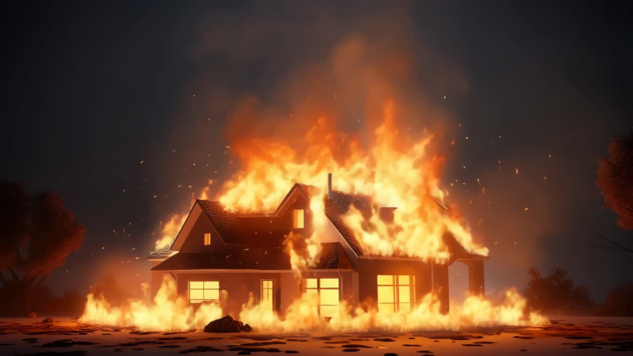 Drammatica scena video di una casa avvolta dalle fiamme di notte. Ripresa dal basso.