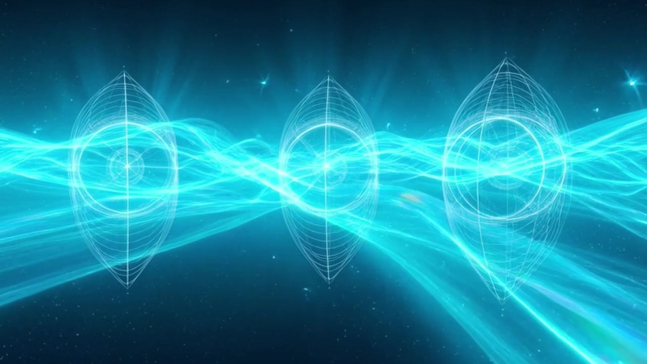 Abstract Blue Energy Waves with Geometric Wireframe Spheres
