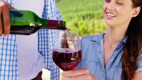hombre sirviendo vino tinto a una mujer en la granja