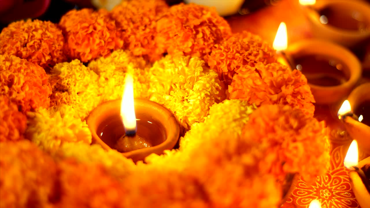 Festival of lights Diwali - diyas and marigold flowers
