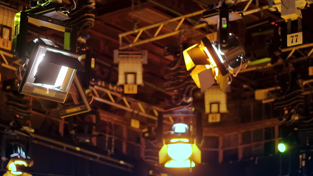 Flashing studio lights equipment on the ceiling of a TV set
