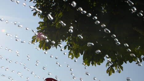 Water fountain in slow motion in a camping, tree in background