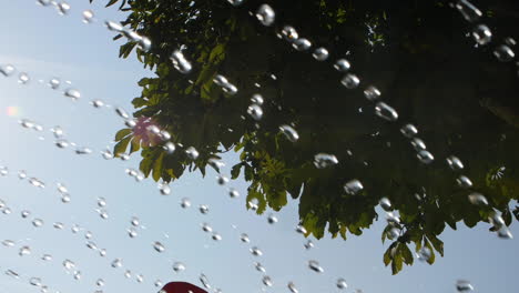 water fountain in slow motion in a camping, tree in background