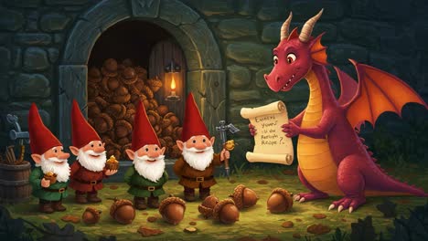 a whimsical scene unfolds in a medieval cave as four cheerful gnomes gather around a friendly dragon, eager to learn a treasure recipe inscribed on a parchment scroll