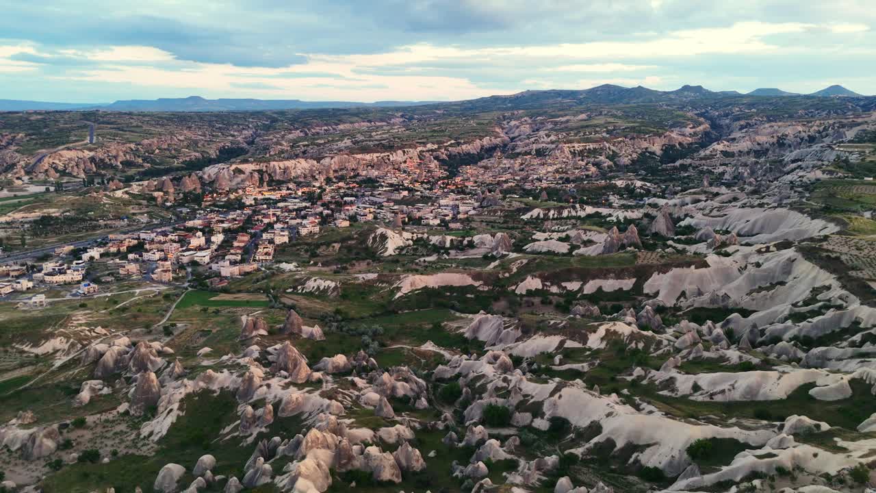 Aerial view of Cappadocia with unique rock formations and villages
