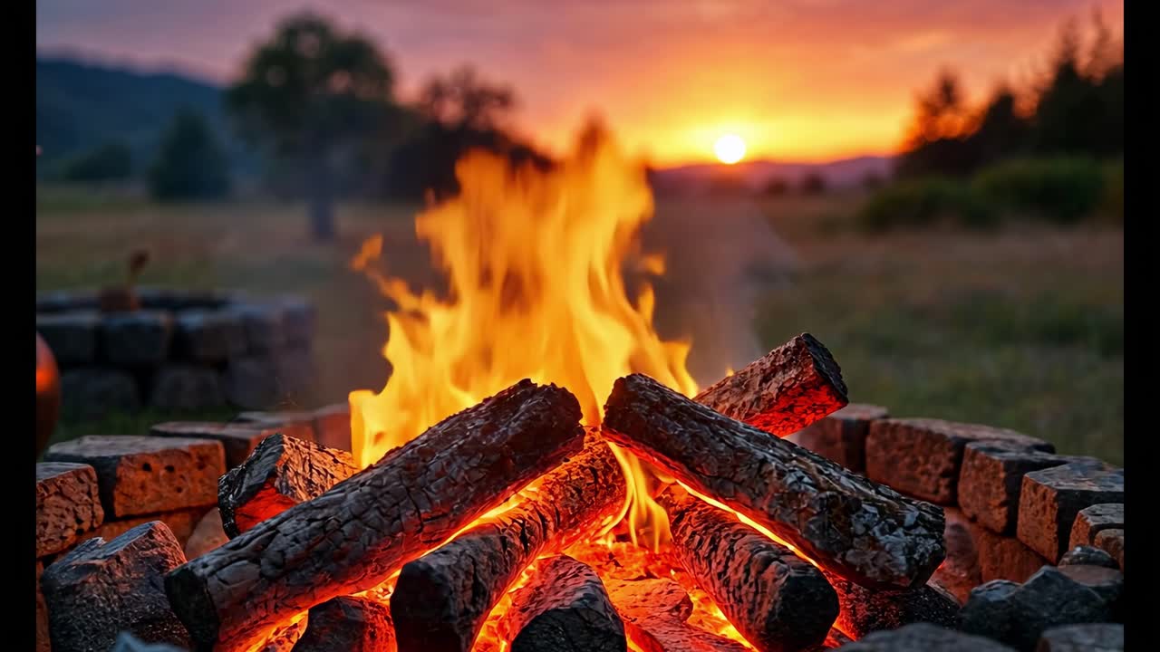 puesta de sol en el fuego de campamento en el bosque
