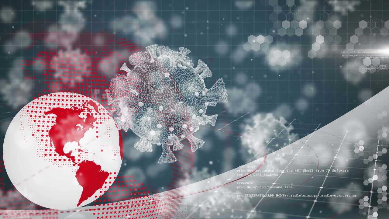 전 세계적으로 떨어지는 코로나19 세포의 애니메이션