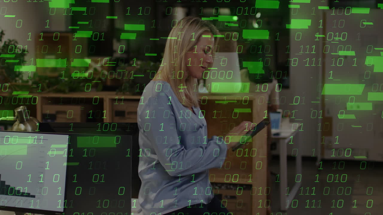 Woman using smartphone with green binary code animation overlaying scene