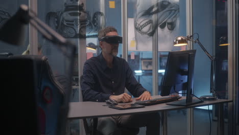 man wearing vr headset in a modern design office