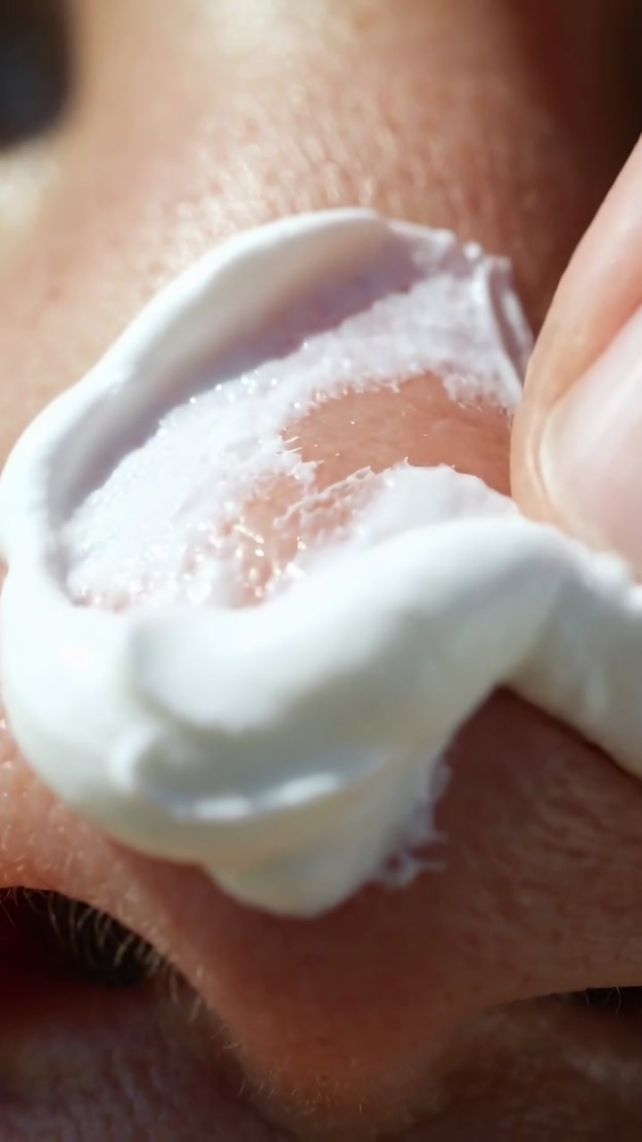 Vertical video: Pressing finger smoothing white mask on nose at sink, peeling residue for skin care