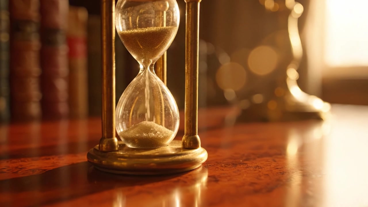 An elegant hourglass resting on a polished wooden table, capturing the essence of time and tranquility in a beautifully lit room with classic decor.