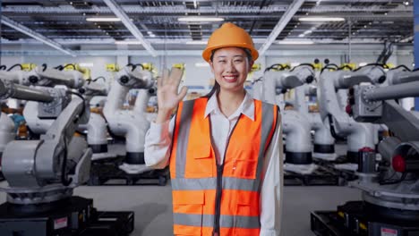 mujer ingeniera en una fábrica con robots