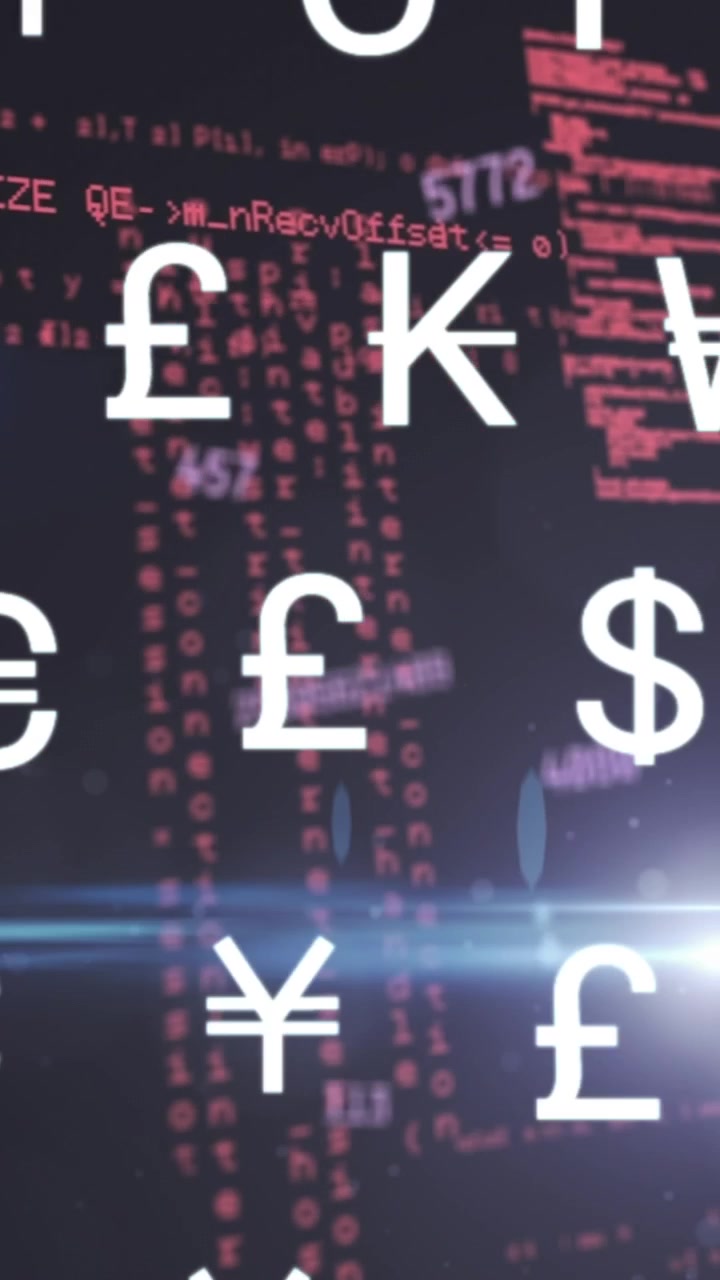 黒い背景に、変化する数字とプログラミング言語が配された通貨記号のアニメーション