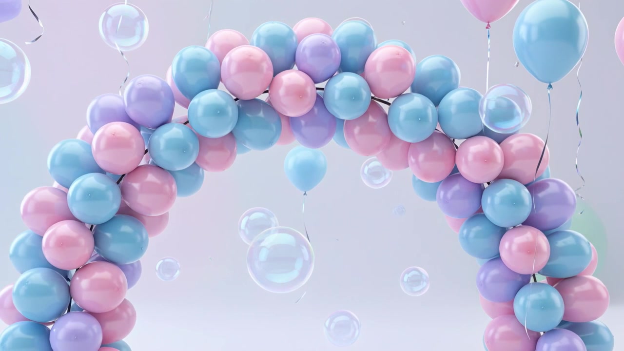 Panoramica della telecamera che rivela un arco di palloncini pastello attraverso lo studio per un allestimento di festa, con bolle di sapone.
