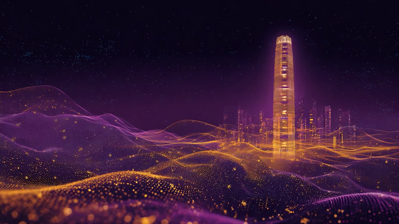 Luminous abstract cityscape with a glowing central tower materializing from a flowing purple and gold particle wave, representing futuristic technology, virtual reality, and the metaverse