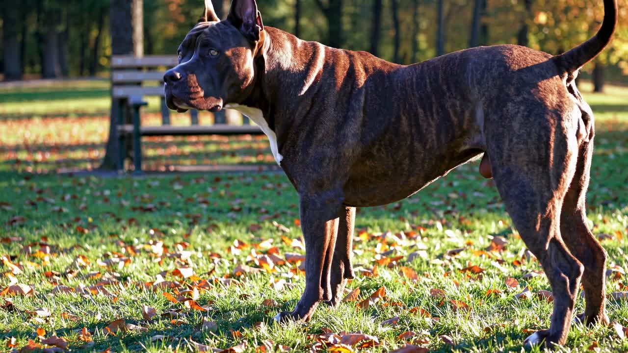 Low-angle shot of a brindle dog standing on grass in a park, with autumn leaves scattered