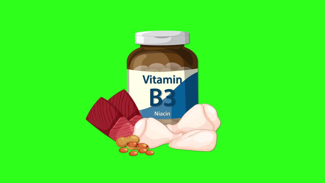 Vitamin B3 bottle animates with beets, garlic, and nuts on vibrant green background
