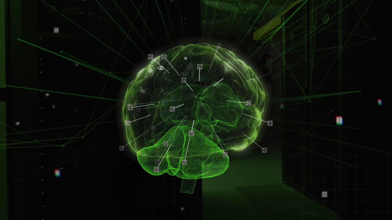 animación de conexiones y cerebro digital sobre la sala de servidores