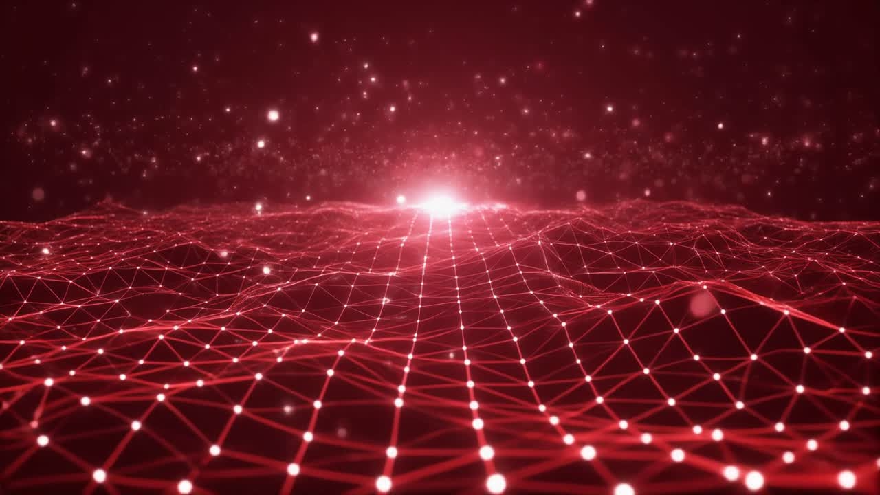 Abstract Red Digital Network Grid with Glowing Particles