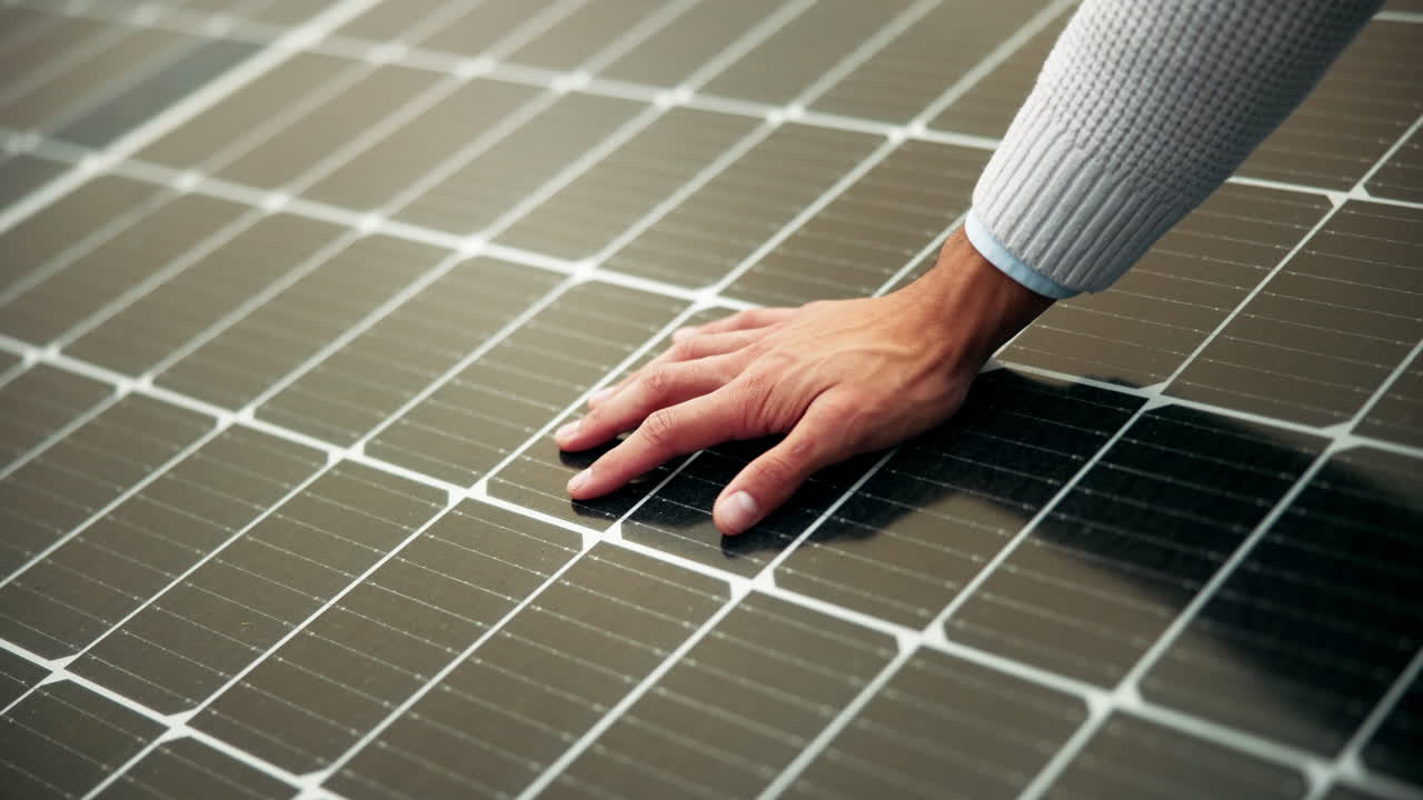 태양광 패널을 만지는 손