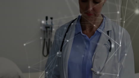 Network-of-connections-and-data-processing-animation-over-doctor-in-medical-office