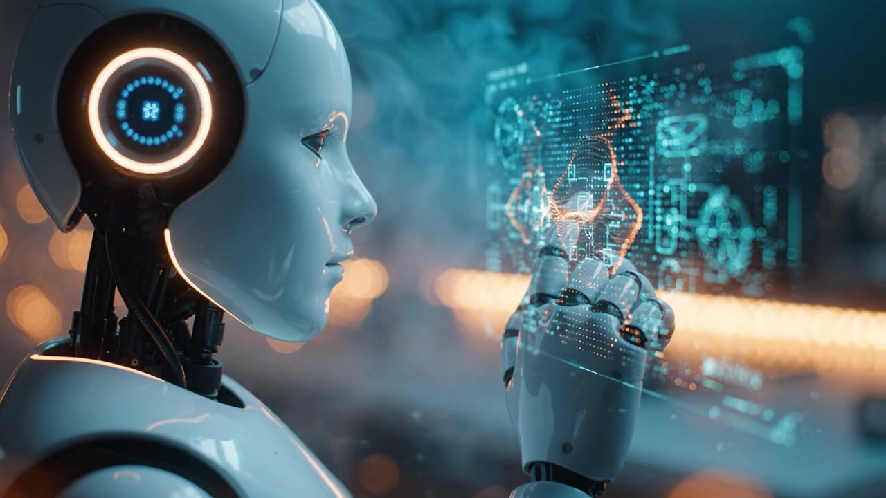 A futuristic humanoid robot interacts with an advanced digital interface, showcasing a blend of artificial intelligence and cutting-edge technology in a high-tech environment.