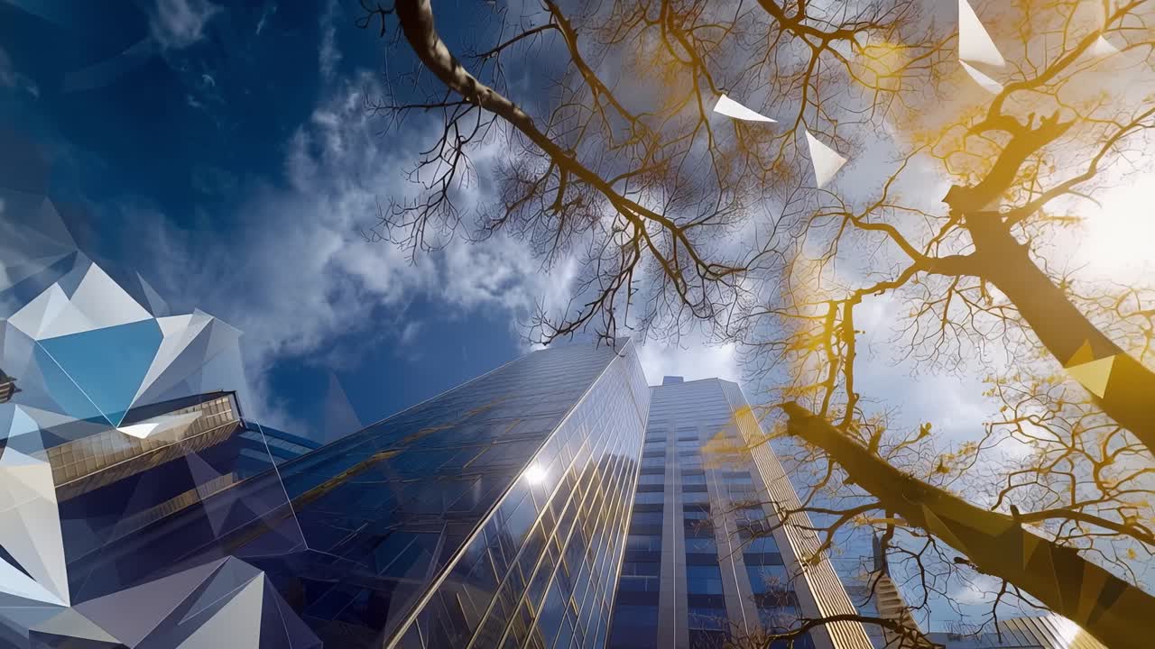 Galhos de árvores se estendem contra um céu dramático. Formas geométricas se fundem no céu e na terra. O contraste azul e dourado evoca movimento e energia. Formas abstratas misturam a natureza com a textura digital.