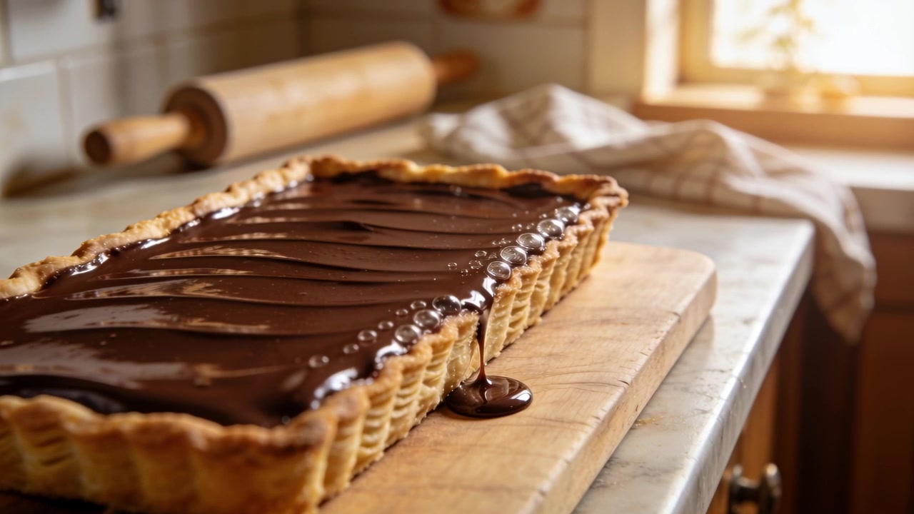 Bead forming on ganache tart, detaching and falling onto kitchen cutting board, ganache settling