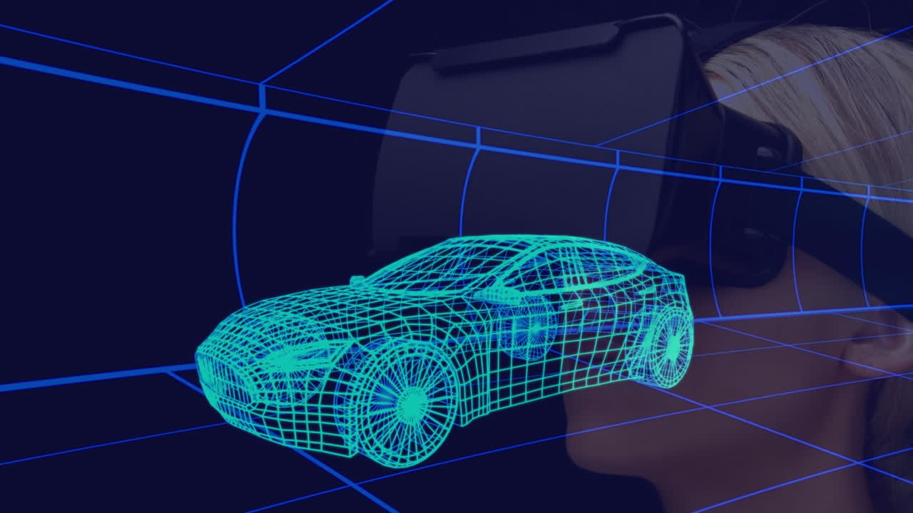 animación de un dibujo de coche en 3d sobre una mujer con auriculares vr