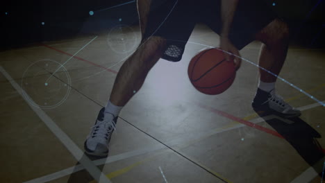 animación de redes de conexiones sobre jugador de baloncesto masculino biracial en el gimnasio