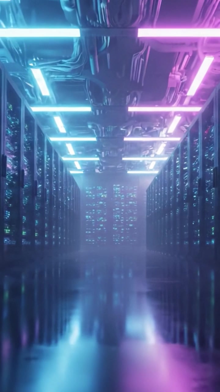 A Futuristic Data Center Corridor Illuminated by Neon Lights, Showcasing Rows of High-Tech Servers and a Mysterious Atmosphere